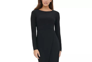 Vestido de festa feminino Tommy Hilfiger com zíper, manga comprida, decote joia abaixo do joelho, preto, tamanho 16