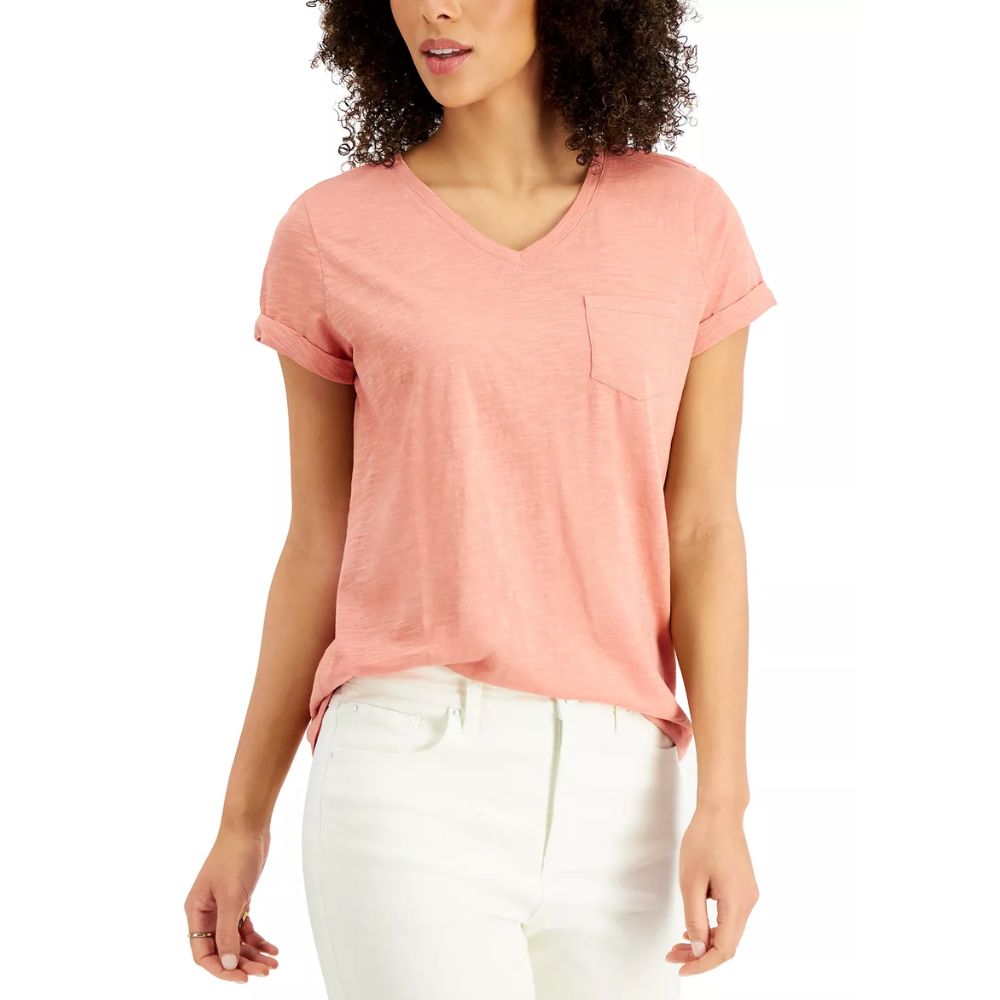 Camiseta feminina estilo &amp; co com decote em V e estampa Burnout, rosa, tamanho pequeno