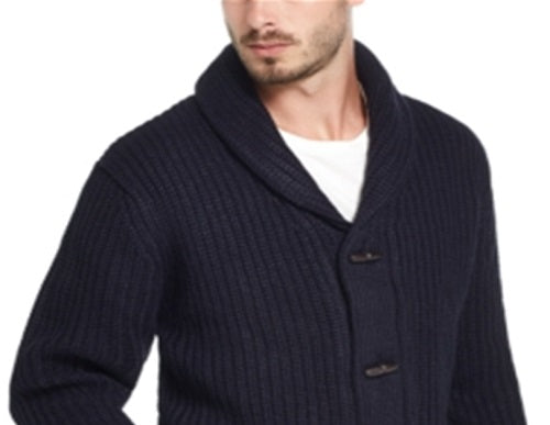 Suéter masculino vintage à prova de intempéries com gola xale e botões, azul, tamanho XXX-G