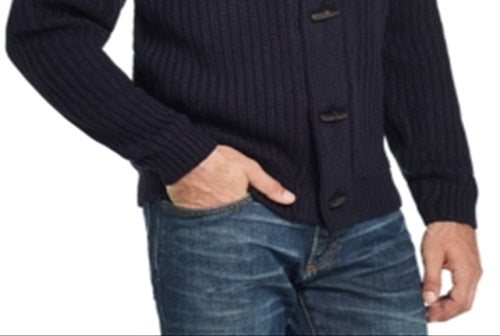 Suéter masculino vintage à prova de intempéries com gola xale e botões, azul, tamanho XXX-G