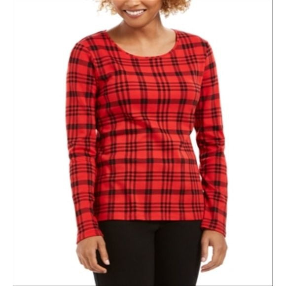 Camiseta feminina xadrez de algodão Charter Club vermelha, tamanho P