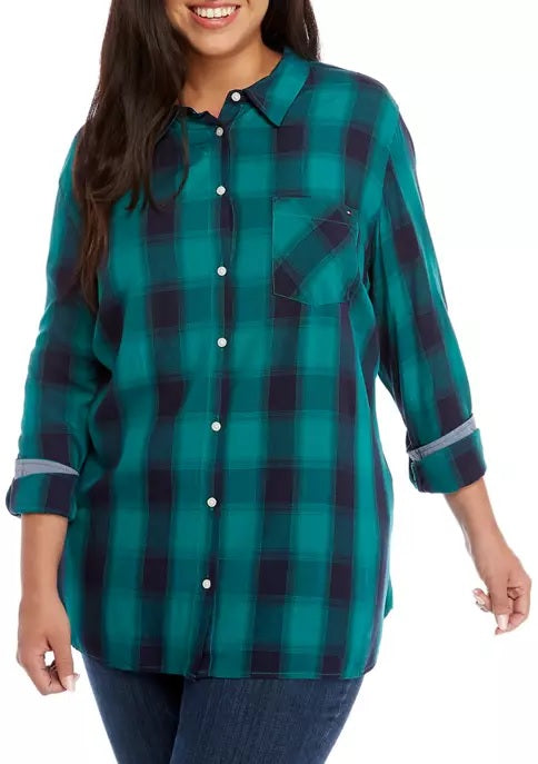 Camisa xadrez plus size feminina Tommy Hilfiger verde tamanho 3X