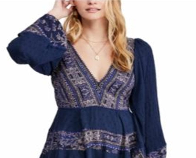 Vestido feminino Free People manga comprida acima do joelho azul tamanho pequeno