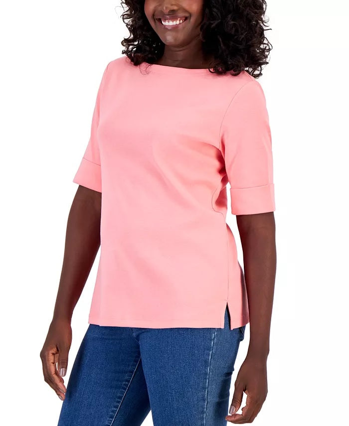 Blusa feminina Karen Scott de algodão com decote canoa, rosa, tamanho GG