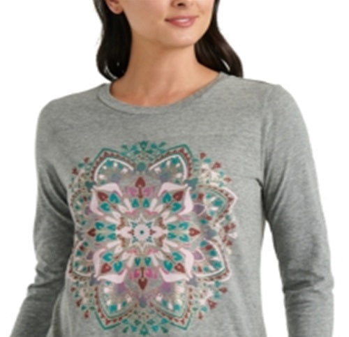 Camiseta feminina Lucky Brand Mandala manga 3/4 cinza tamanho GG