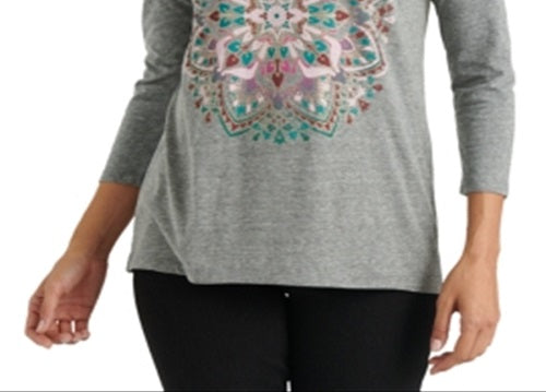 Camiseta feminina Lucky Brand Mandala manga 3/4 cinza tamanho GG