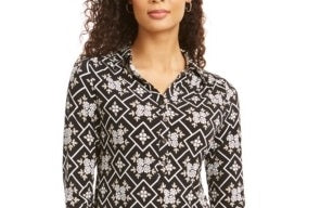 Camisa polo feminina Charter Club com estampa de manga 3/4, preta, tamanho XX-G