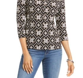 Camisa polo feminina Charter Club com estampa de manga 3/4, preta, tamanho XX-G