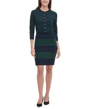Tommy Hilfiger Suéter Feminino com Botões, Manga Longa e Gola Redonda Verde/Azul Marinho Tamanho Grande