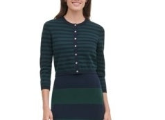 Tommy Hilfiger Suéter Feminino com Botões, Manga Longa e Gola Redonda Verde/Azul Marinho Tamanho Grande