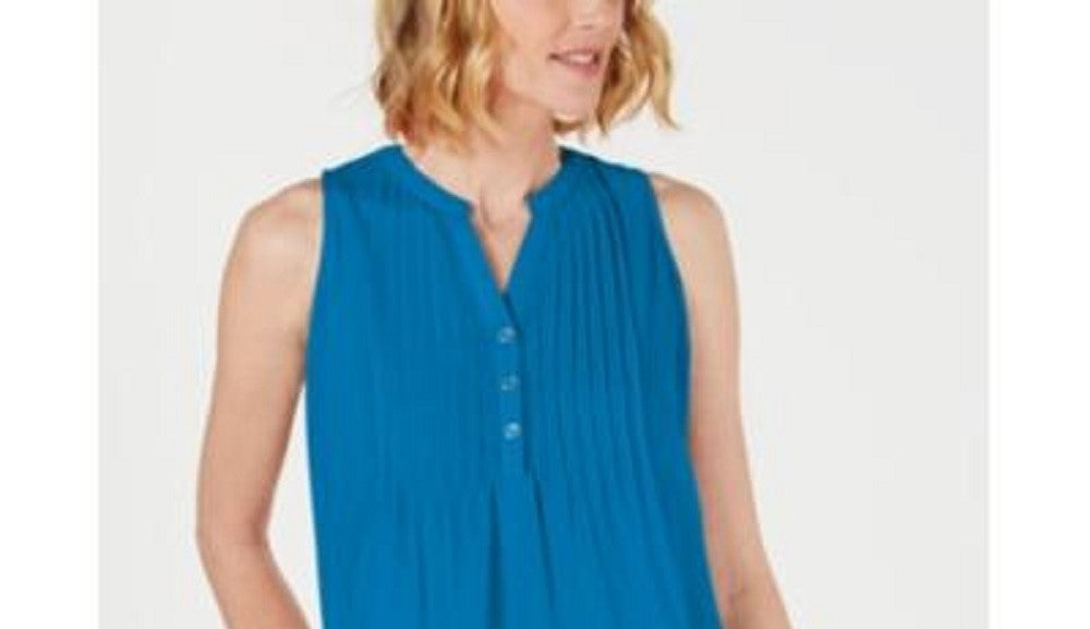 Charter Club Blusa feminina sem mangas com botões para usar no trabalho, azul, tamanho médio