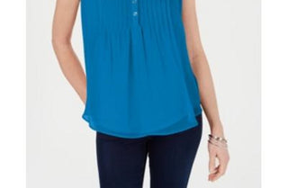 Charter Club Blusa feminina sem mangas com botões para usar no trabalho, azul, tamanho médio