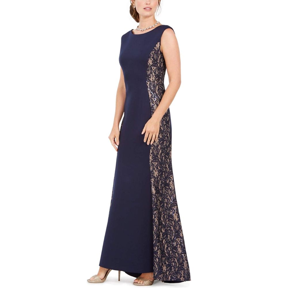 Vestido formal feminino Jessica Howard, sem mangas, com lantejoulas e decote em joia, comprimento total, azul, tamanho 8
