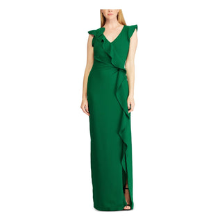 Vestido de festa longo com babados, zíper, manga pétala, decote em V, comprimento total, tamanho 8, verde, Ralph Lauren