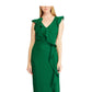 Vestido de festa longo com babados, zíper, manga pétala, decote em V, comprimento total, tamanho 8, verde, Ralph Lauren