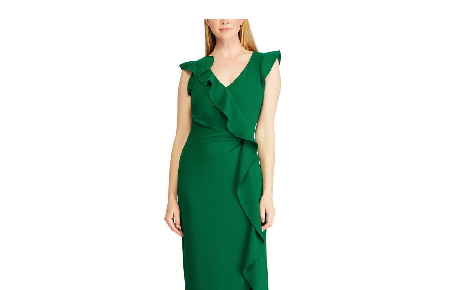 Vestido de festa longo com babados, zíper, manga pétala, decote em V, comprimento total, tamanho 8, verde, Ralph Lauren