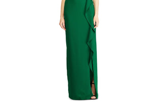 Vestido de festa longo com babados, zíper, manga pétala, decote em V, comprimento total, tamanho 8, verde, Ralph Lauren