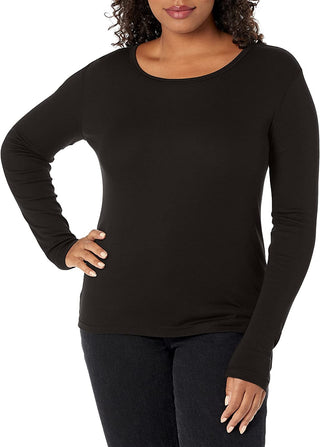 Camiseta feminina clássica com gola redonda e manga comprida canelada, tamanho X-S