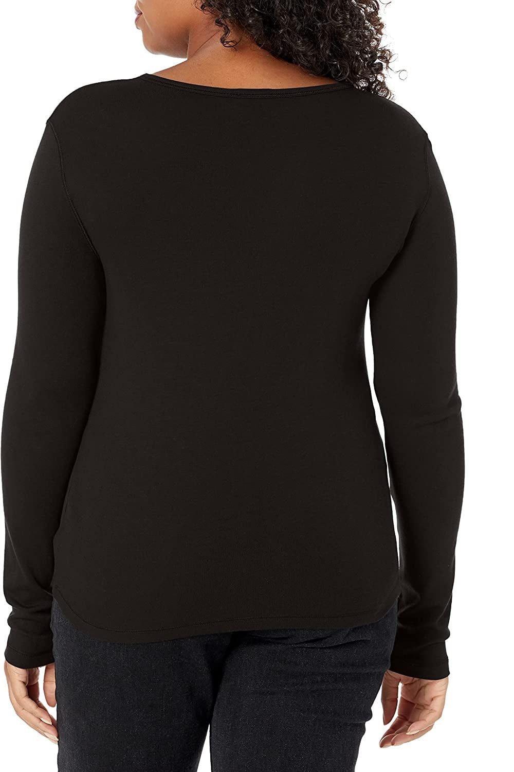 Camiseta feminina clássica com gola redonda e manga comprida canelada, tamanho X-S