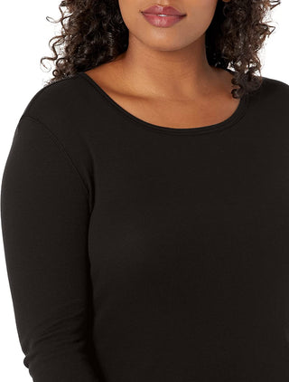 Camiseta feminina clássica com gola redonda e manga comprida canelada, tamanho X-S