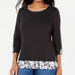Blusa feminina Karen Scott estampada com manga 3/4 e gola joia, preta, tamanho pequeno