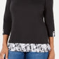 Blusa feminina Karen Scott estampada com manga 3/4 e gola joia, preta, tamanho pequeno
