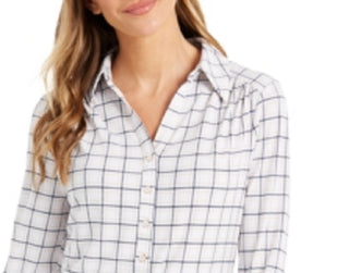 Camisa polo feminina Charter Club com estampa de manga 3/4, branca, tamanho P