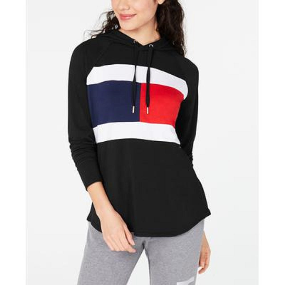 Tommy Hilfiger Blusa com capuz feminina de manga comprida com blocos de cores, preta, tamanho grande