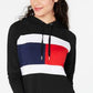 Tommy Hilfiger Blusa com capuz feminina de manga comprida com blocos de cores, preta, tamanho grande