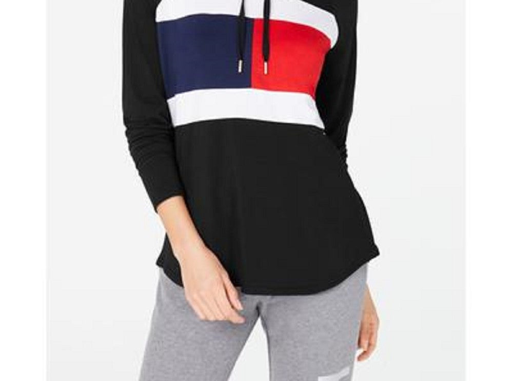 Tommy Hilfiger Blusa com capuz feminina de manga comprida com blocos de cores, preta, tamanho grande