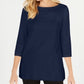 Karen Scott Blusa de malha feminina de algodão com decote canoa e manga 3/4, azul, tamanho pequeno