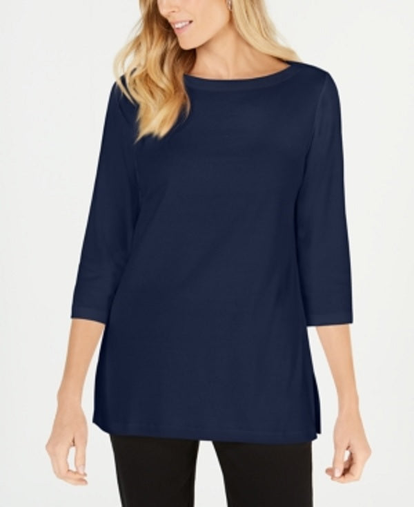 Karen Scott Blusa de malha feminina de algodão com decote canoa e manga 3/4, azul, tamanho pequeno