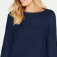Karen Scott Blusa de malha feminina de algodão com decote canoa e manga 3/4, azul, tamanho pequeno