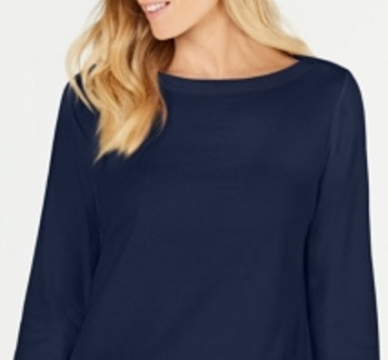 Karen Scott Blusa de malha feminina de algodão com decote canoa e manga 3/4, azul, tamanho pequeno