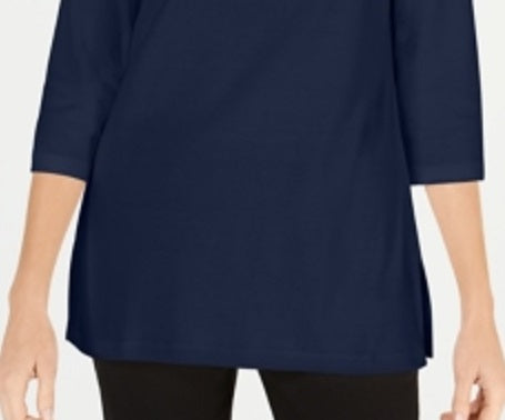 Karen Scott Blusa de malha feminina de algodão com decote canoa e manga 3/4, azul, tamanho pequeno