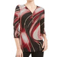 JM Collection Blusa feminina com estampa de blocos de cores, manga 3/4, gola com zíper, preta, tamanho pequeno