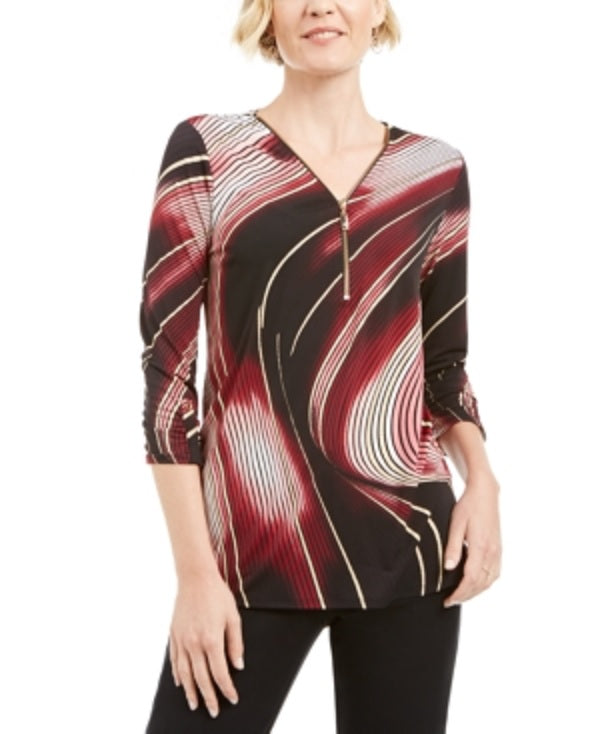 JM Collection Blusa feminina com estampa de blocos de cores, manga 3/4, gola com zíper, preta, tamanho pequeno