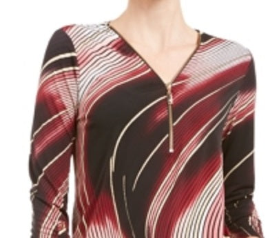 JM Collection Blusa feminina com estampa de blocos de cores, manga 3/4, gola com zíper, preta, tamanho pequeno