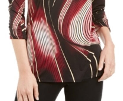 JM Collection Blusa feminina com estampa de blocos de cores, manga 3/4, gola com zíper, preta, tamanho pequeno