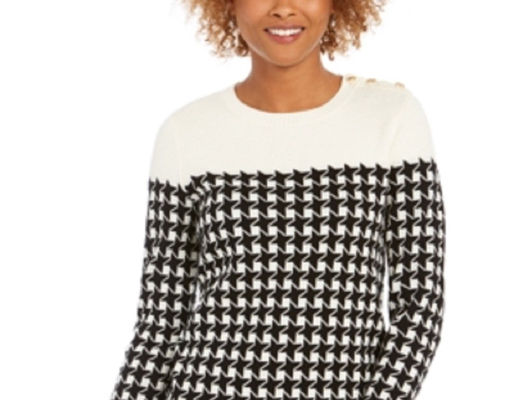 Suéter feminino Charter Club com gola redonda e estampa pied-de-poule colorblock, preto, tamanho pequeno