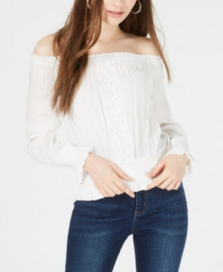 Top Planet Gold Junior com ombros de fora e babados, tamanho médio, branco