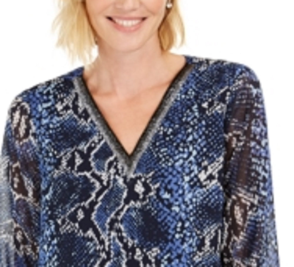 JM Collection Top feminino com estampa de cobra e bolhas, azul, tamanho pequeno, médio