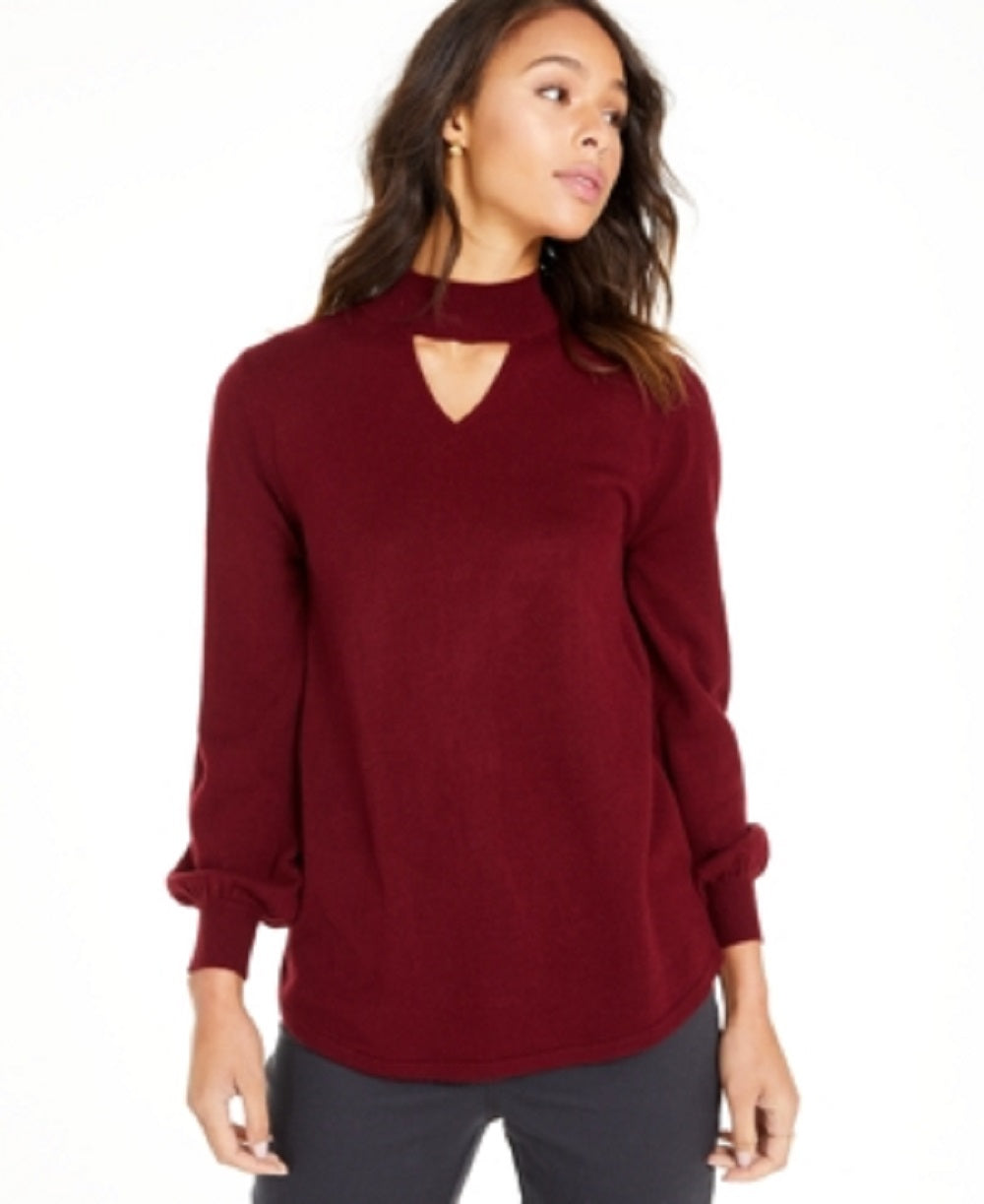 Suéter feminino com decote falso e abertura estilo keyhole, vermelho, tamanho pequeno