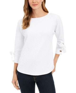 Charter Club Top Feminino Jacquard com Laço e Punhos Brancos Tamanho Pequeno Médio