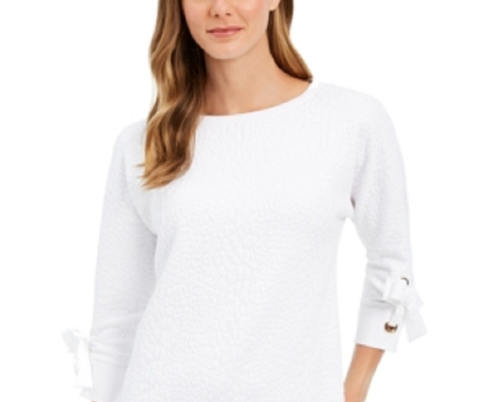 Charter Club Top Feminino Jacquard com Laço e Punhos Brancos Tamanho Pequeno Médio