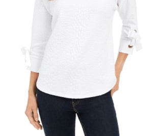 Charter Club Top Feminino Jacquard com Laço e Punhos Brancos Tamanho Pequeno Médio