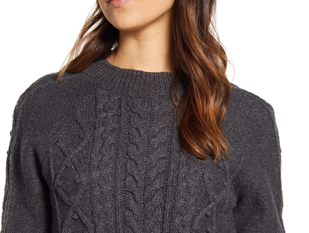 Suéter feminino de tricô com gola redonda e cabo Lucky Brand, preto, tamanho pequeno