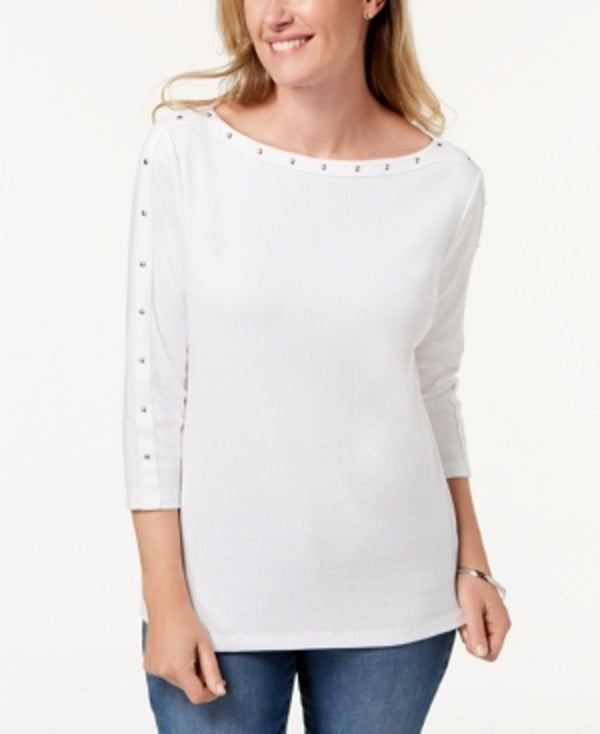Karen Scott Blusa Feminina de Algodão com Decote Canoa e Tachas, Branca, Tamanho P