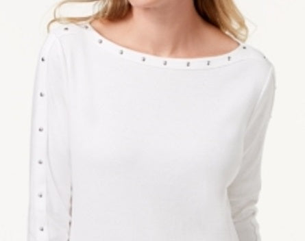 Karen Scott Blusa Feminina de Algodão com Decote Canoa e Tachas, Branca, Tamanho P