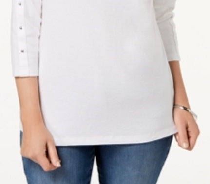 Karen Scott Blusa Feminina de Algodão com Decote Canoa e Tachas, Branca, Tamanho P